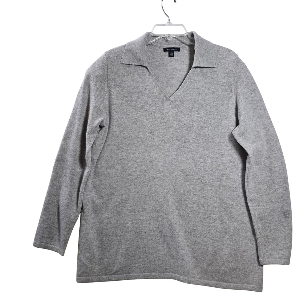 Lands' End 100% Cashmere Polo Sweater Gray Johnny Collar Women's L 14-16 - Picture 2 of 7